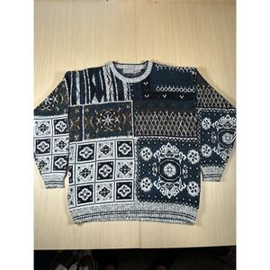 Method Sweater Mens Large Black White Jacquard Knit Acrylic Ribbed Hem‎ Pullover
